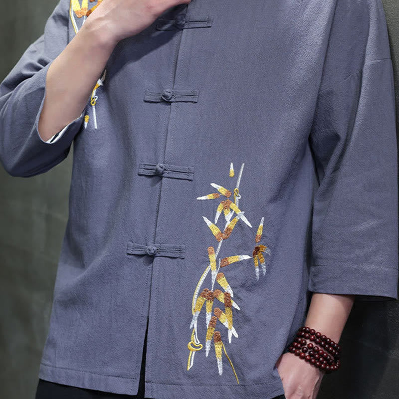 Koszula męska z haftem w kształcie Buddha Stones , z chińskimi guzikami i trzema czwartymi rękawami - image 25