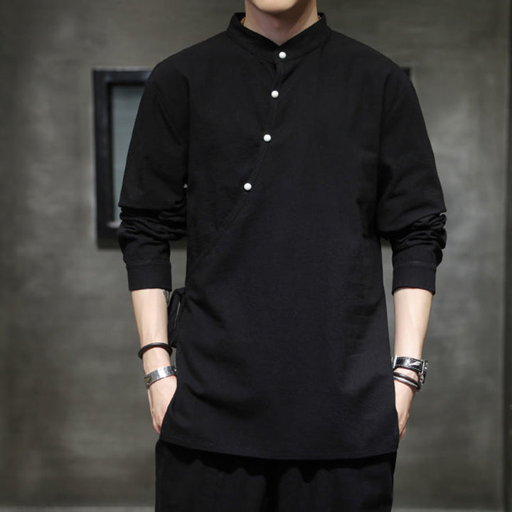 Koszula męska z długim rękawem z bawełny i lnu Buddha Stones Plain Lace-Up Simple Button Design - Czarny - US/UK/AU46， EU56 (5XL) - image 0