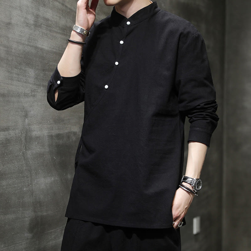 Koszula męska z długim rękawem z bawełny i lnu Buddha Stones Plain Lace-Up Simple Button Design - image 1