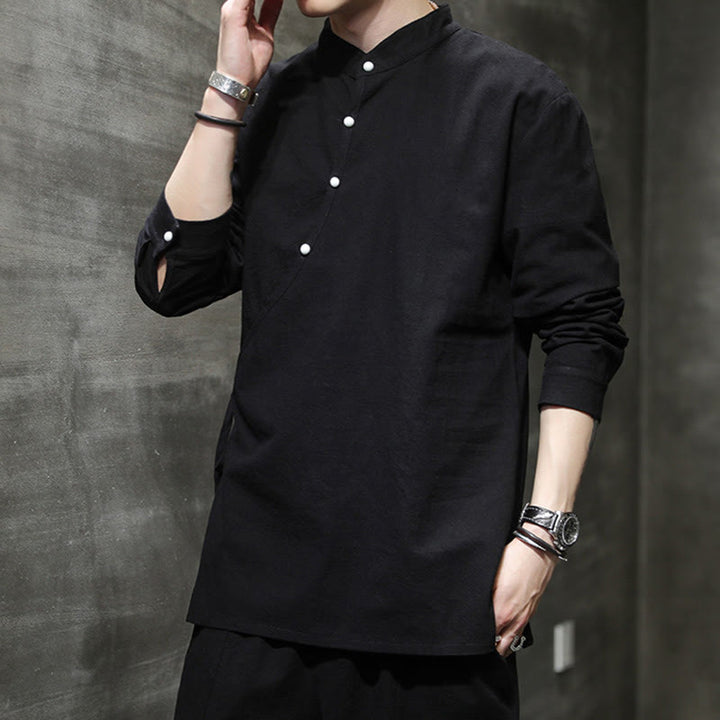 Koszula męska z długim rękawem z bawełny i lnu Buddha Stones Plain Lace-Up Simple Button Design - image 1