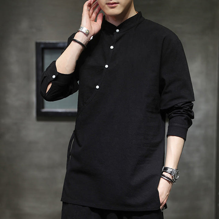 Koszula męska z długim rękawem z bawełny i lnu Buddha Stones Plain Lace-Up Simple Button Design - image 3