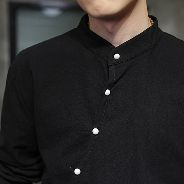 Koszula męska z długim rękawem z bawełny i lnu Buddha Stones Plain Lace-Up Simple Button Design - image 8