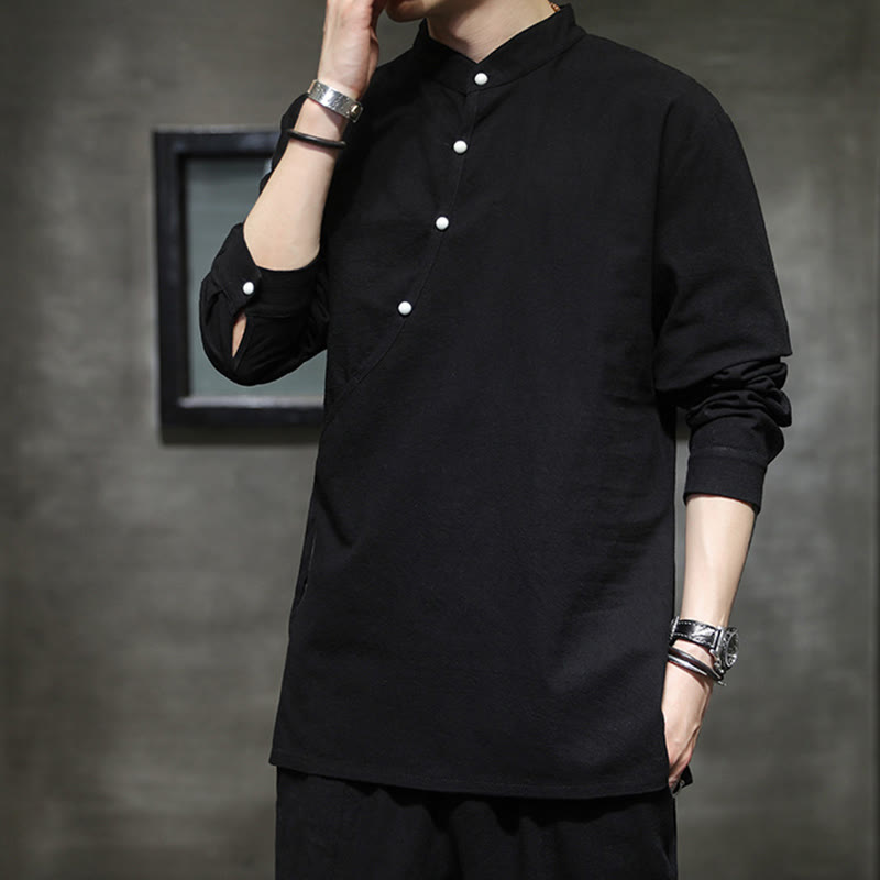 Koszula męska z długim rękawem z bawełny i lnu Buddha Stones Plain Lace-Up Simple Button Design - image 6