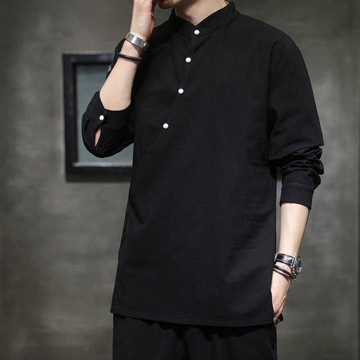 Koszula męska z długim rękawem z bawełny i lnu Buddha Stones Plain Lace-Up Simple Button Design - image 6