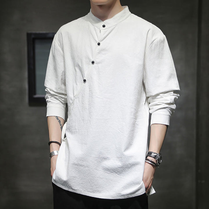 Koszula męska z długim rękawem z bawełny i lnu Buddha Stones Plain Lace-Up Simple Button Design - image 17