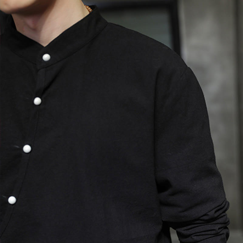 Koszula męska z długim rękawem z bawełny i lnu Buddha Stones Plain Lace-Up Simple Button Design - image 9