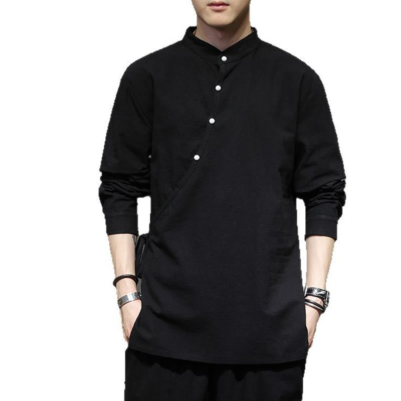 Koszula męska z długim rękawem z bawełny i lnu Buddha Stones Plain Lace-Up Simple Button Design - image 12