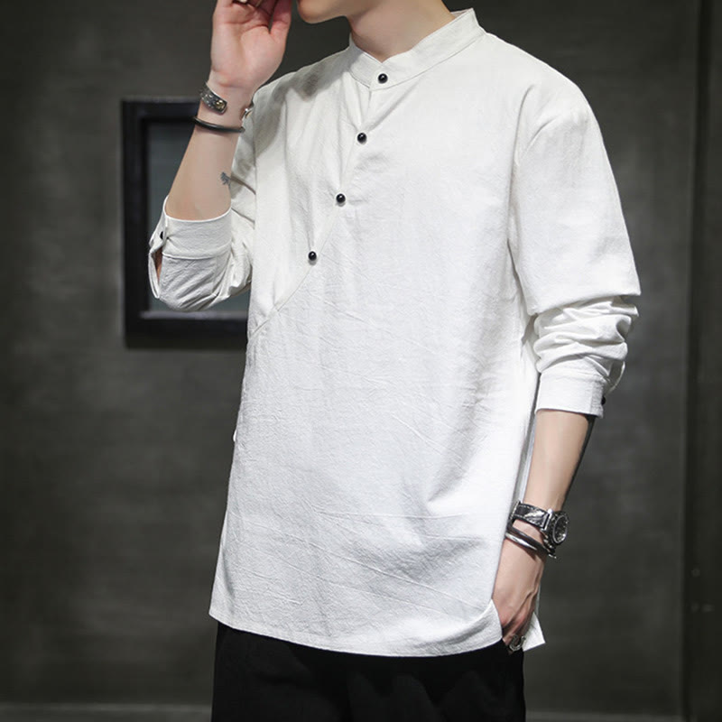 Koszula męska z długim rękawem z bawełny i lnu Buddha Stones Plain Lace-Up Simple Button Design - image 16