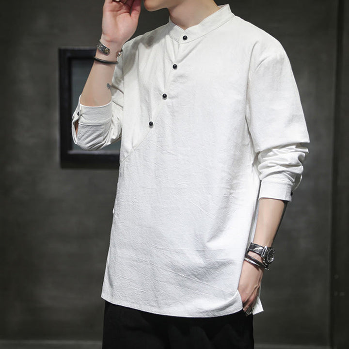 Koszula męska z długim rękawem z bawełny i lnu Buddha Stones Plain Lace-Up Simple Button Design - image 16