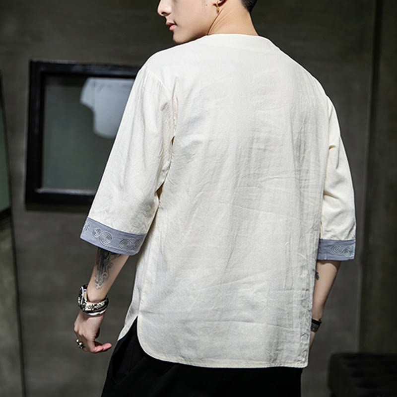 Koszula męska z okrągłym dekoltem i krótkim rękawem z lnu bawełnianego z haftem w kształcie żaby na lato z Buddha Stones - image 15