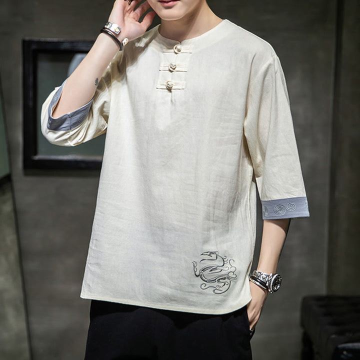 Koszula męska z okrągłym dekoltem i krótkim rękawem z lnu bawełnianego z haftem w kształcie żaby na lato z Buddha Stones - image 14