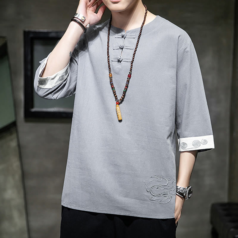 Koszula męska z okrągłym dekoltem i krótkim rękawem z lnu bawełnianego z haftem w kształcie żaby na lato z Buddha Stones - image 3