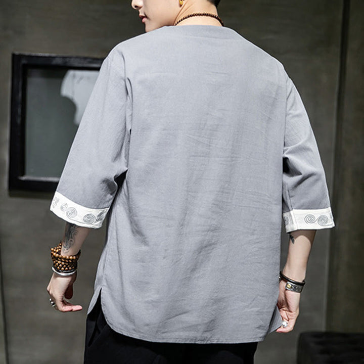 Koszula męska z okrągłym dekoltem i krótkim rękawem z lnu bawełnianego z haftem w kształcie żaby na lato z Buddha Stones - image 6