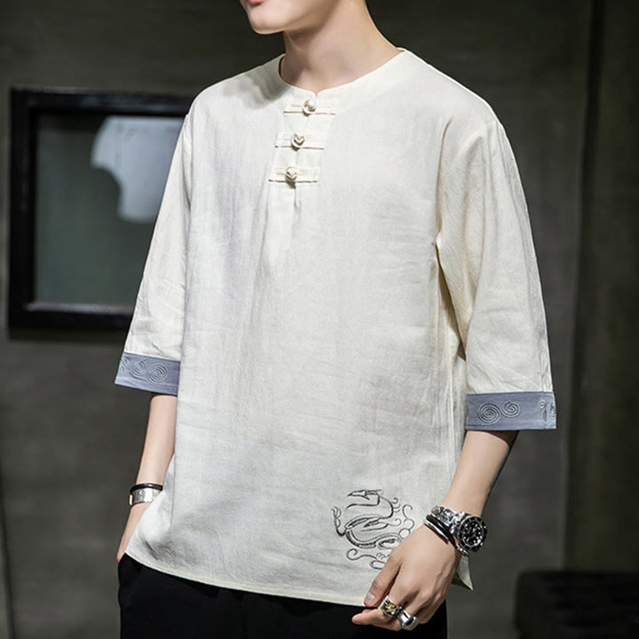 Koszula męska z okrągłym dekoltem i krótkim rękawem z lnu bawełnianego z haftem w kształcie żaby na lato z Buddha Stones - image 10