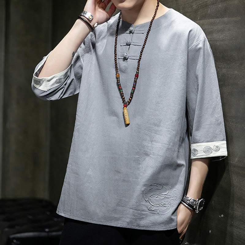 Koszula męska z okrągłym dekoltem i krótkim rękawem z lnu bawełnianego z haftem w kształcie żaby na lato z Buddha Stones - image 7