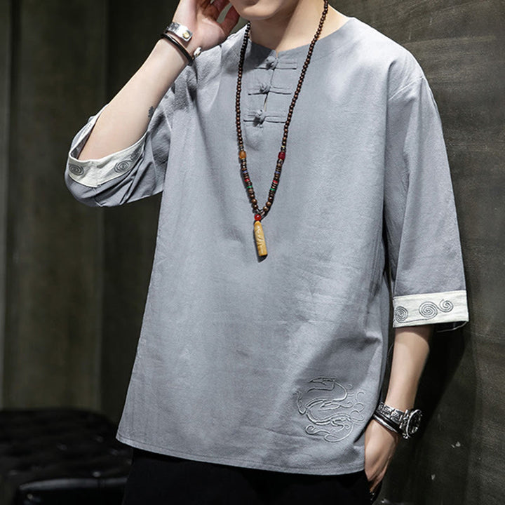 Koszula męska z okrągłym dekoltem i krótkim rękawem z lnu bawełnianego z haftem w kształcie żaby na lato z Buddha Stones - image 7