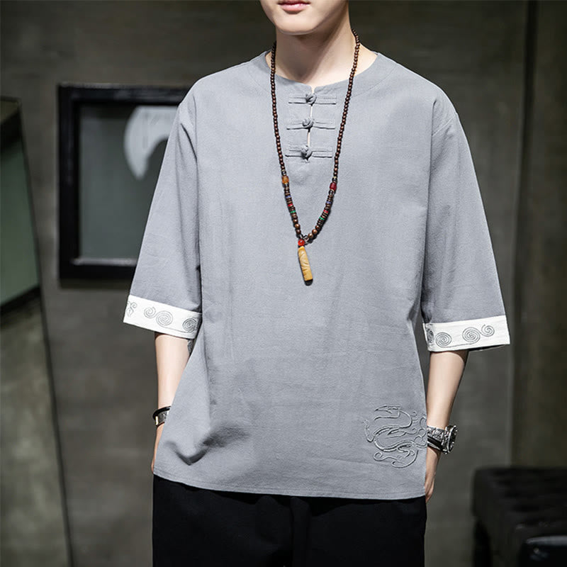 Koszula męska z okrągłym dekoltem i krótkim rękawem z lnu bawełnianego z haftem w kształcie żaby na lato z Buddha Stones - Srebrny - US/UK/AU46， EU56 (5XL) - image 0