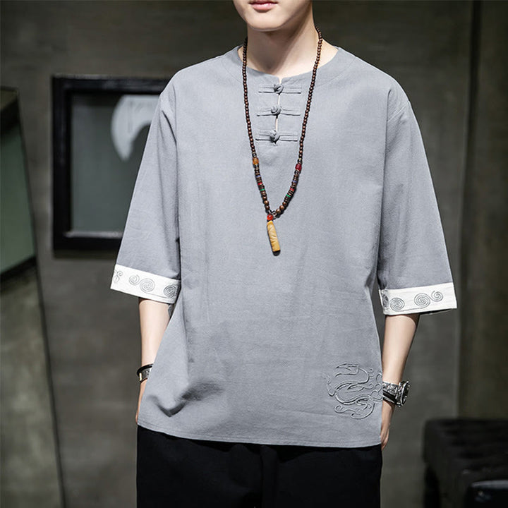 Koszula męska z okrągłym dekoltem i krótkim rękawem z lnu bawełnianego z haftem w kształcie żaby na lato z Buddha Stones - Srebrny - US/UK/AU46， EU56 (5XL) - image 0