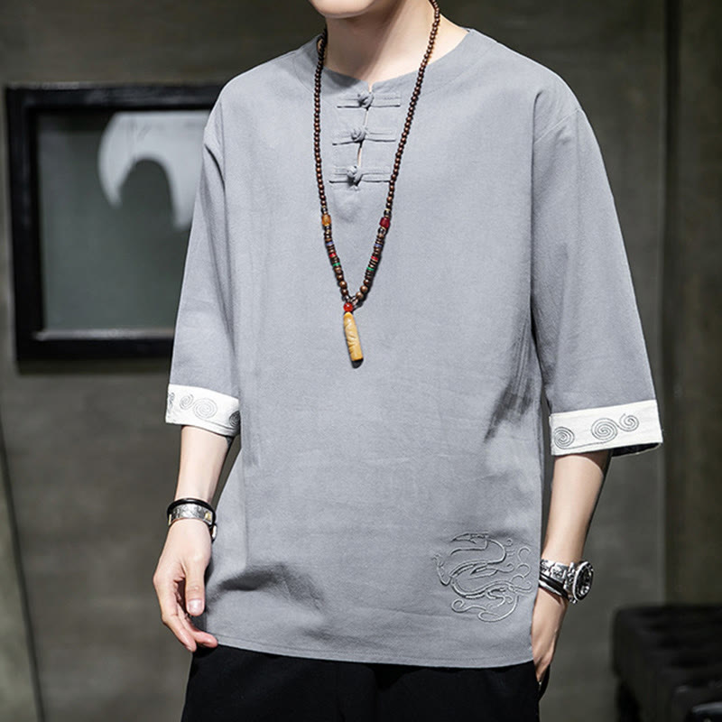 Koszula męska z okrągłym dekoltem i krótkim rękawem z lnu bawełnianego z haftem w kształcie żaby na lato z Buddha Stones - image 1