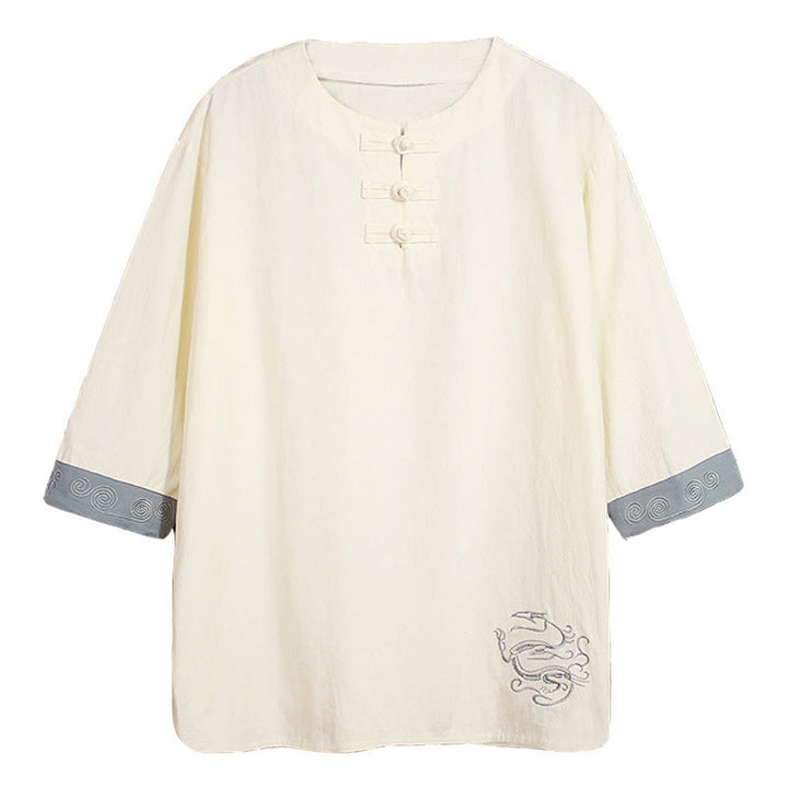 Koszula męska z okrągłym dekoltem i krótkim rękawem z lnu bawełnianego z haftem w kształcie żaby na lato z Buddha Stones - image 18