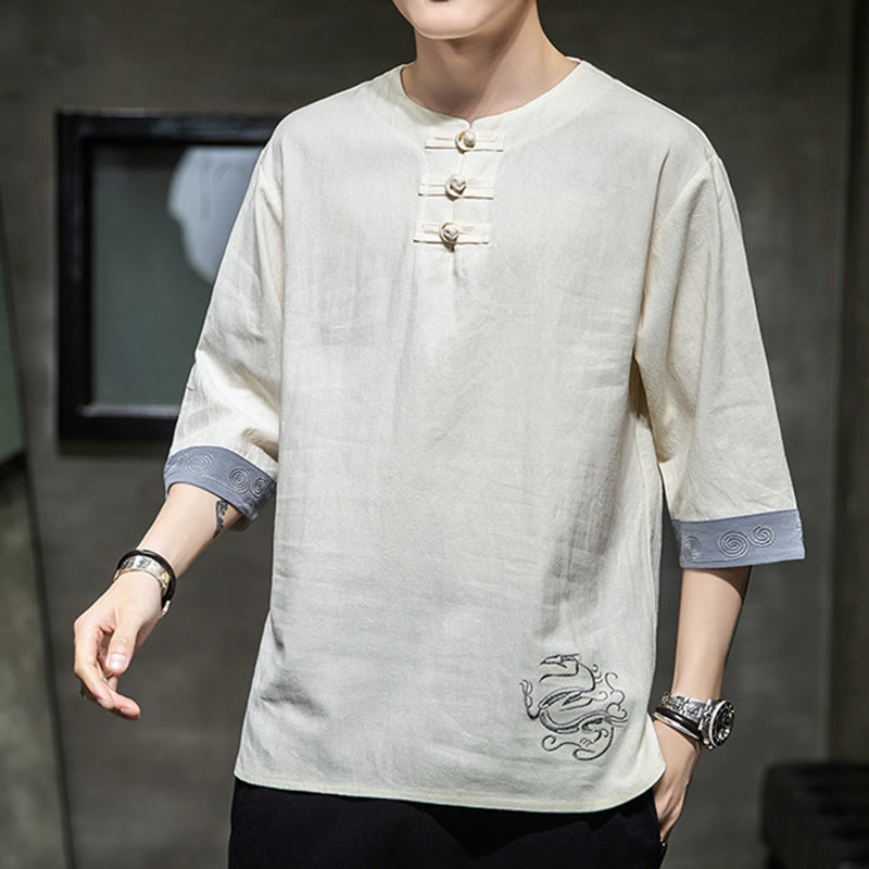 Koszula męska z okrągłym dekoltem i krótkim rękawem z lnu bawełnianego z haftem w kształcie żaby na lato z Buddha Stones - image 13