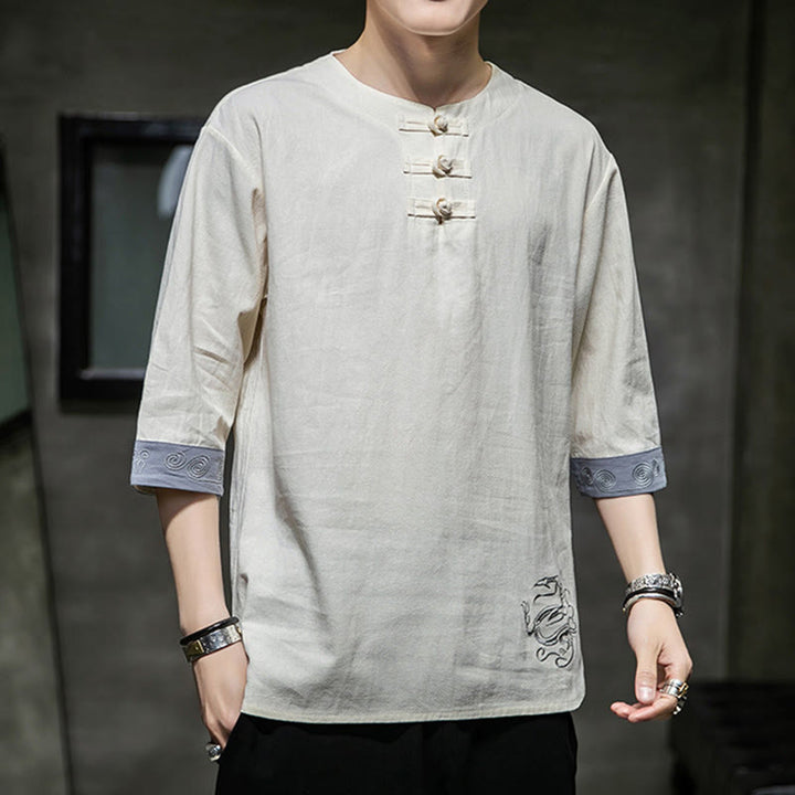 Koszula męska z okrągłym dekoltem i krótkim rękawem z lnu bawełnianego z haftem w kształcie żaby na lato z Buddha Stones - image 16