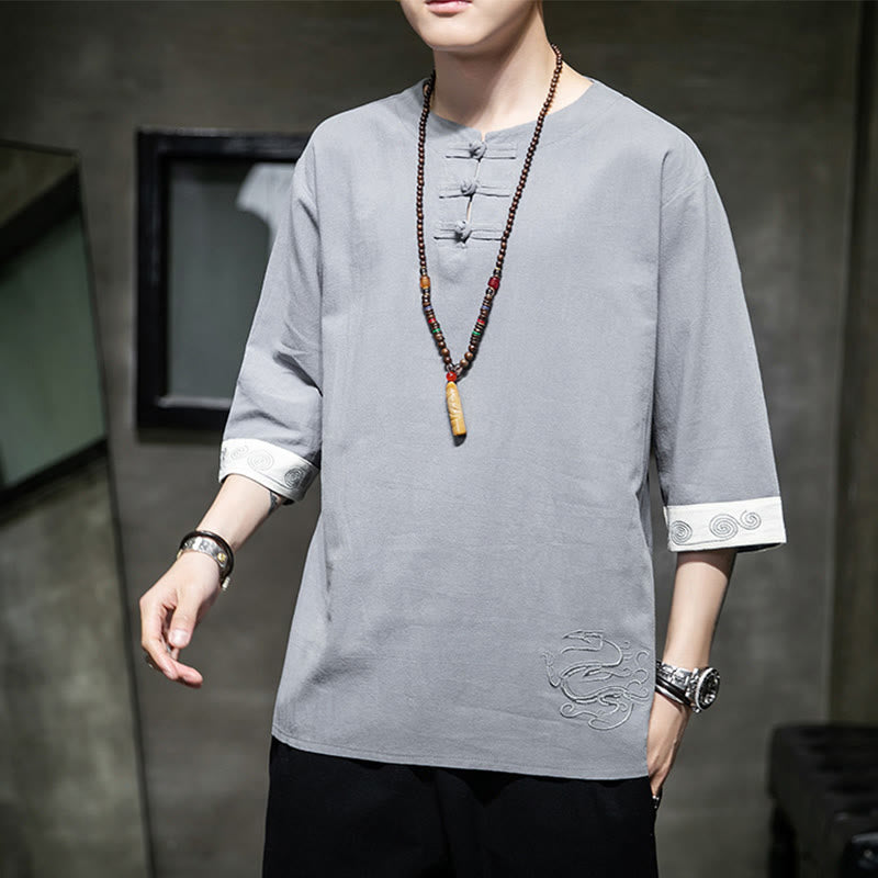 Koszula męska z okrągłym dekoltem i krótkim rękawem z lnu bawełnianego z haftem w kształcie żaby na lato z Buddha Stones - image 2