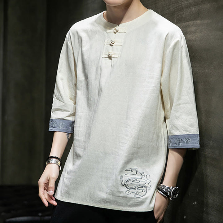 Koszula męska z okrągłym dekoltem i krótkim rękawem z lnu bawełnianego z haftem w kształcie żaby na lato z Buddha Stones - image 17