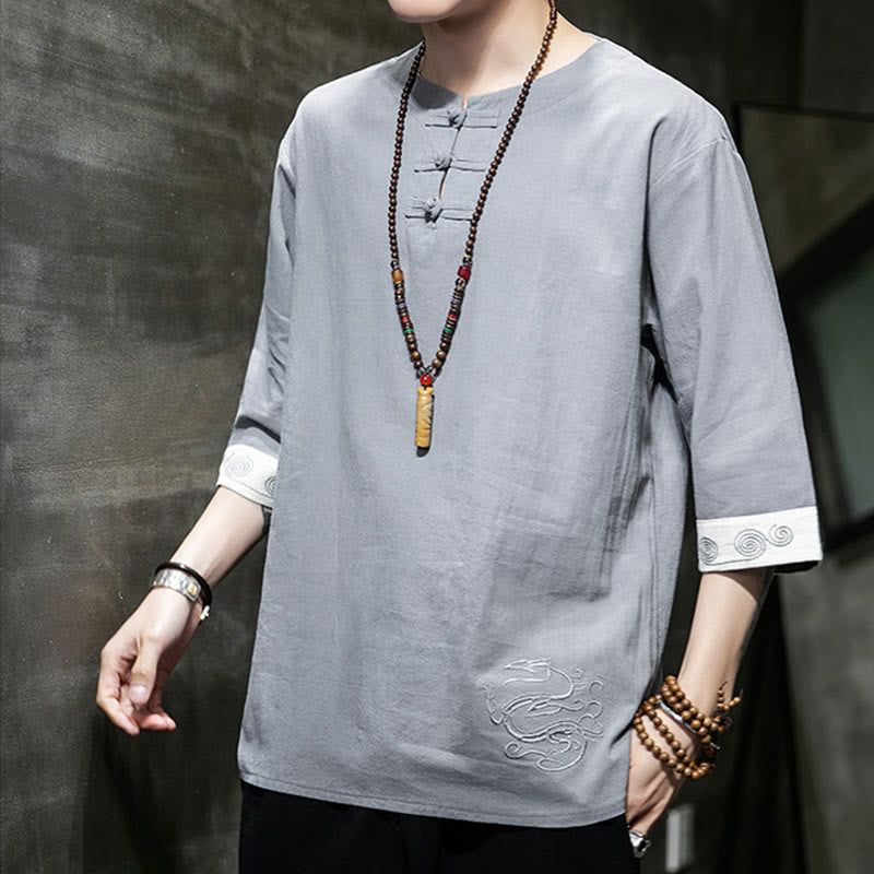 Koszula męska z okrągłym dekoltem i krótkim rękawem z lnu bawełnianego z haftem w kształcie żaby na lato z Buddha Stones - image 8