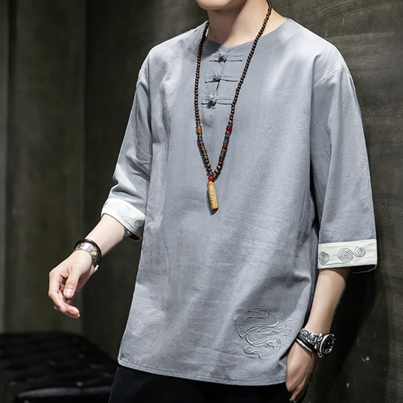 Koszula męska z okrągłym dekoltem i krótkim rękawem z lnu bawełnianego z haftem w kształcie żaby na lato z Buddha Stones - image 5