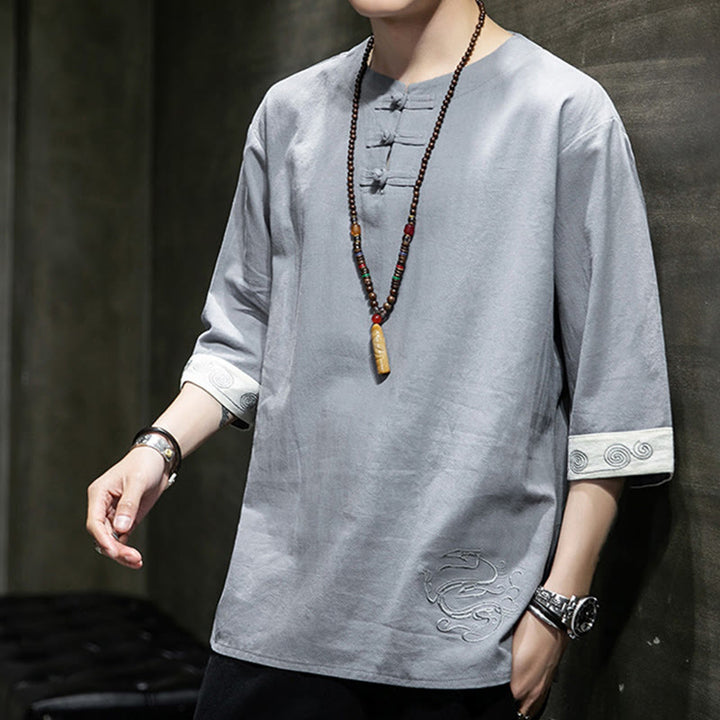 Koszula męska z okrągłym dekoltem i krótkim rękawem z lnu bawełnianego z haftem w kształcie żaby na lato z Buddha Stones - image 5