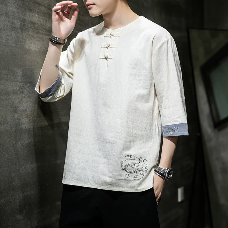 Koszula męska z okrągłym dekoltem i krótkim rękawem z lnu bawełnianego z haftem w kształcie żaby na lato z Buddha Stones - image 11