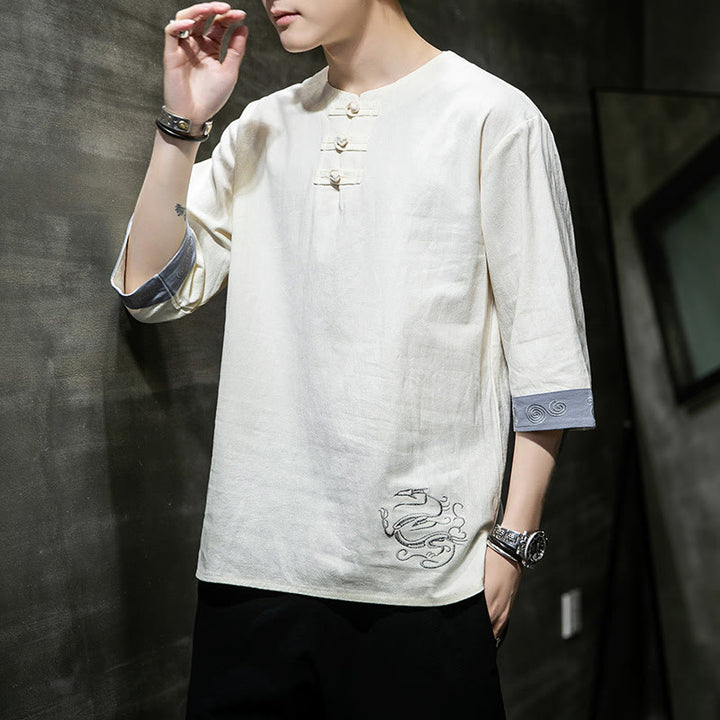 Koszula męska z okrągłym dekoltem i krótkim rękawem z lnu bawełnianego z haftem w kształcie żaby na lato z Buddha Stones - image 11