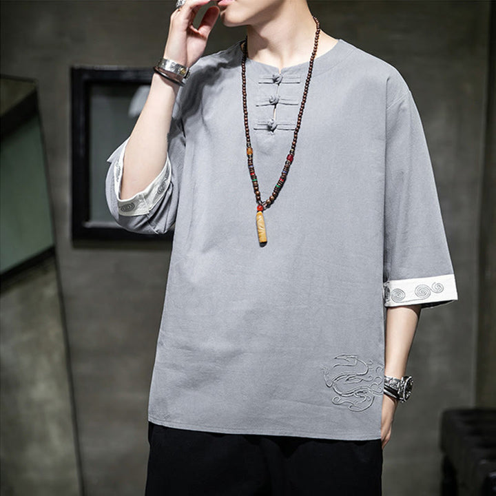 Koszula męska z okrągłym dekoltem i krótkim rękawem z lnu bawełnianego z haftem w kształcie żaby na lato z Buddha Stones - image 4