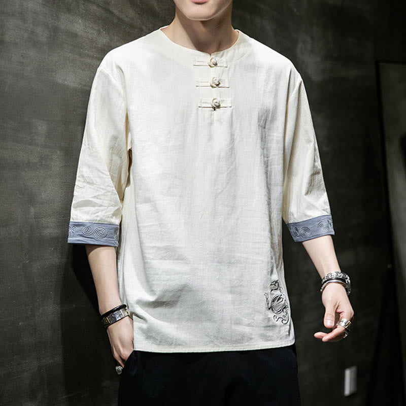 Koszula męska z okrągłym dekoltem i krótkim rękawem z lnu bawełnianego z haftem w kształcie żaby na lato z Buddha Stones - image 12