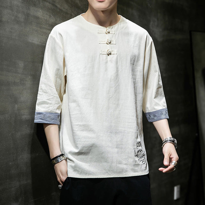 Koszula męska z okrągłym dekoltem i krótkim rękawem z lnu bawełnianego z haftem w kształcie żaby na lato z Buddha Stones - image 12