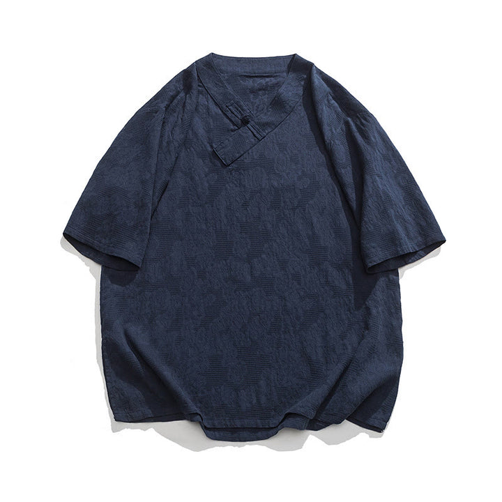 Buddha Stones Etniczne Zniszczone Żakardowe Guziki Żabki Męska Koszula Z Kołnierzykiem Stójką Pół Rękawa Bawełniano-Lenowa Ubrania Tai Chi - DarkSlateBlue - US/UK/AU46， EU56 (5XL) - image 0