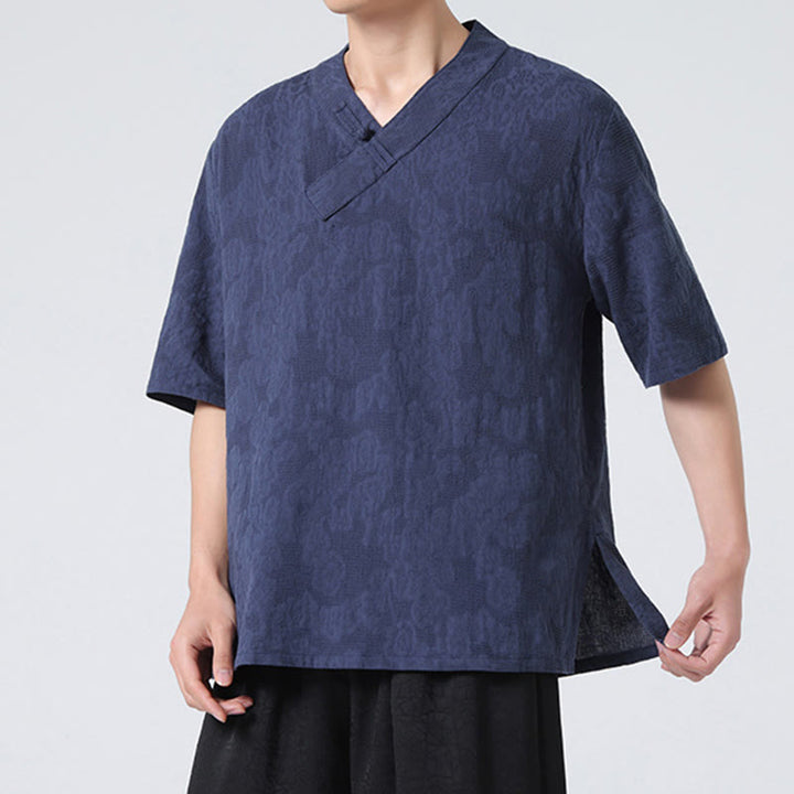 Buddha Stones Etniczne Zniszczone Żakardowe Guziki Żabki Męska Koszula Z Kołnierzykiem Stójką Pół Rękawa Bawełniano-Lenowa Ubrania Tai Chi - image 4