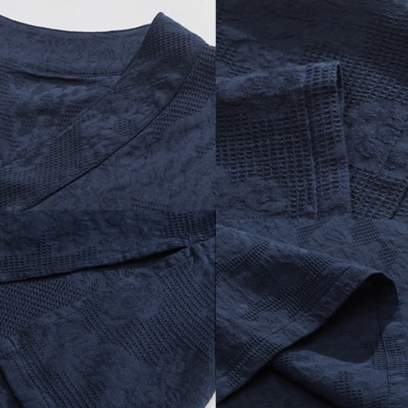 Buddha Stones Etniczne Zniszczone Żakardowe Guziki Żabki Męska Koszula Z Kołnierzykiem Stójką Pół Rękawa Bawełniano-Lenowa Ubrania Tai Chi - image 11