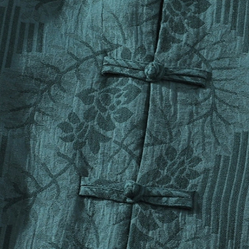 Buddha Stones Casual Lato Żakard Kwiatowy Wzór Żabka Guzik Męski Kołnierz Stójka Kontrastowy Kolor Pół Rękaw Bawełniany Kardigan Koszula - image 2