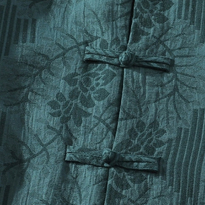 Buddha Stones Casual Lato Żakard Kwiatowy Wzór Żabka Guzik Męski Kołnierz Stójka Kontrastowy Kolor Pół Rękaw Bawełniany Kardigan Koszula - image 2