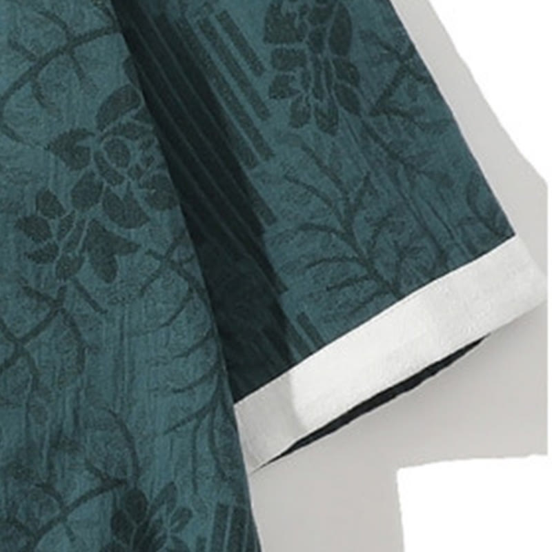 Buddha Stones Casual Lato Żakard Kwiatowy Wzór Żabka Guzik Męski Kołnierz Stójka Kontrastowy Kolor Pół Rękaw Bawełniany Kardigan Koszula - image 4