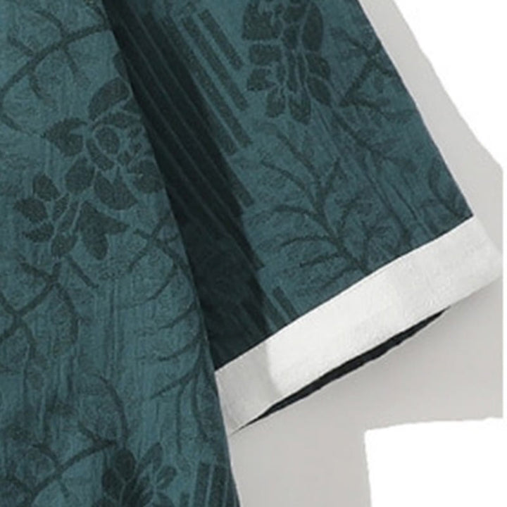 Buddha Stones Casual Lato Żakard Kwiatowy Wzór Żabka Guzik Męski Kołnierz Stójka Kontrastowy Kolor Pół Rękaw Bawełniany Kardigan Koszula - image 4