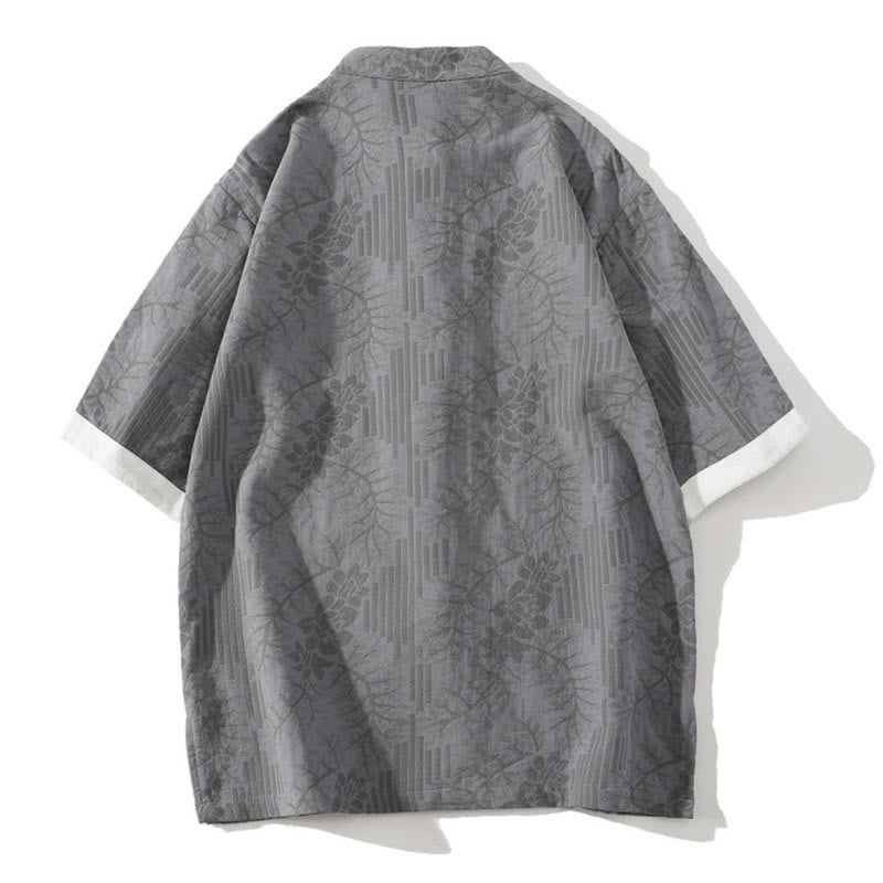 Buddha Stones Casual Lato Żakard Kwiatowy Wzór Żabka Guzik Męski Kołnierz Stójka Kontrastowy Kolor Pół Rękaw Bawełniany Kardigan Koszula - image 6