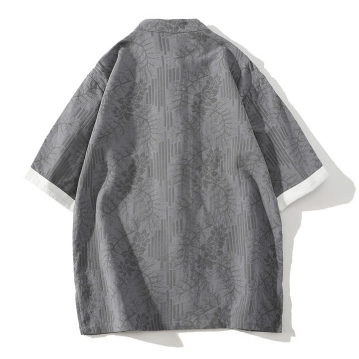 Buddha Stones Casual Lato Żakard Kwiatowy Wzór Żabka Guzik Męski Kołnierz Stójka Kontrastowy Kolor Pół Rękaw Bawełniany Kardigan Koszula - image 6