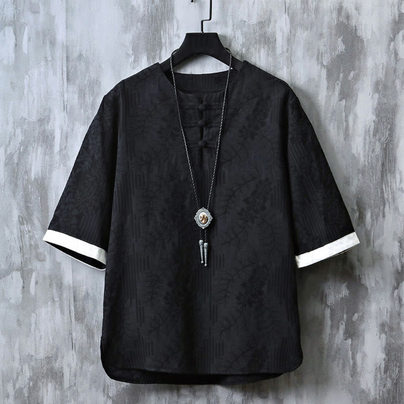 Koszula Buddha Stones z bawełny z okrągłym dekoltem i krótkim rękawem w stylu retro z żakardowym wzorem chińskiej żaby i guzikami - Czarny - US/UK/AU46， EU56 (5XL) - image 3