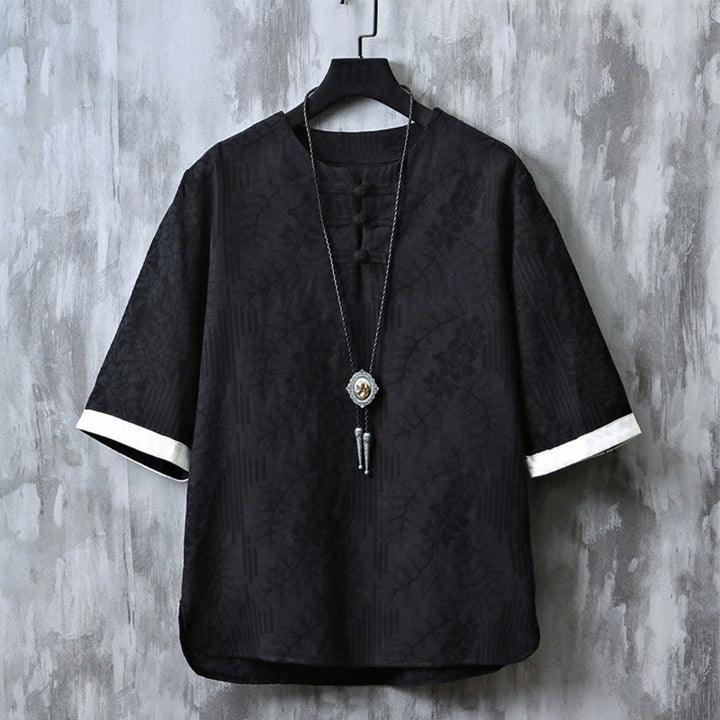 Koszula Buddha Stones z bawełny z okrągłym dekoltem i krótkim rękawem w stylu retro z żakardowym wzorem chińskiej żaby i guzikami - Czarny - US/UK/AU46， EU56 (5XL) - image 3