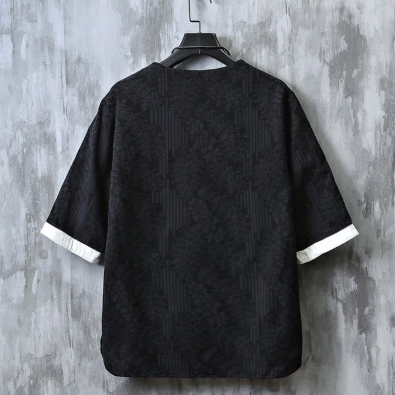 Koszula Buddha Stones z bawełny z okrągłym dekoltem i krótkim rękawem w stylu retro z żakardowym wzorem chińskiej żaby i guzikami - image 4