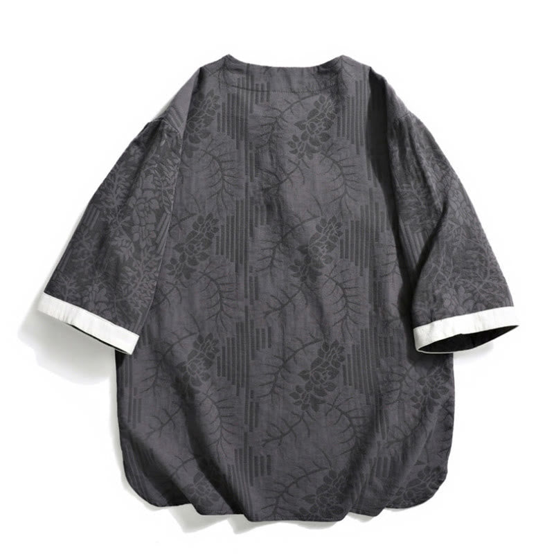 Koszula Buddha Stones z bawełny z okrągłym dekoltem i krótkim rękawem w stylu retro z żakardowym wzorem chińskiej żaby i guzikami - image 2