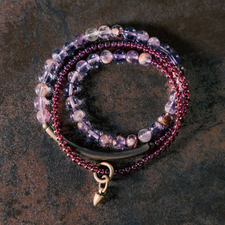 Bransoletka Buddha Stones Retro 6mm Ametyst 4mm Granat Wielowarstwowa Równowaga